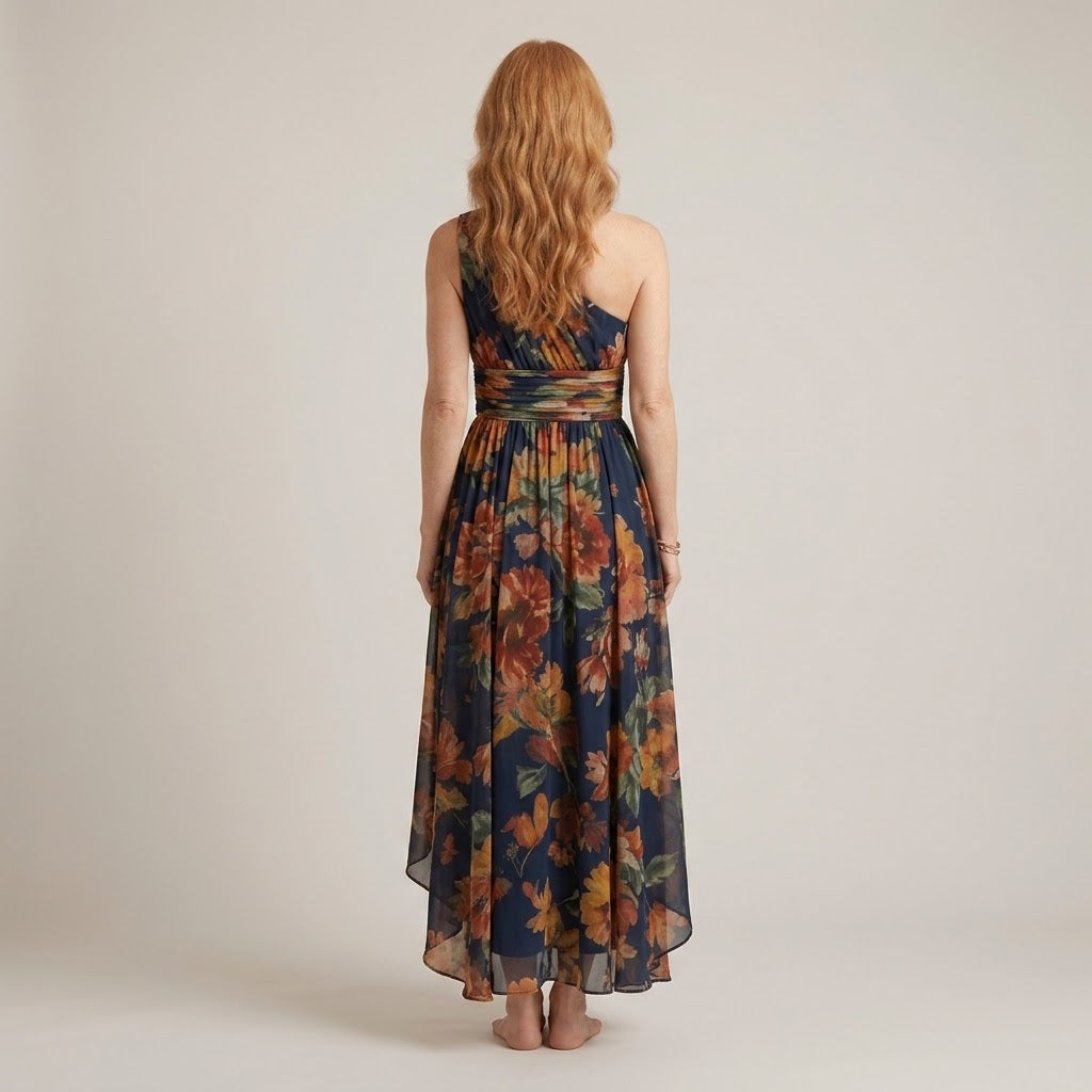 Women's Navy Floral One Shoulder Maxi Dress — Wedding Guest Occasion Dress