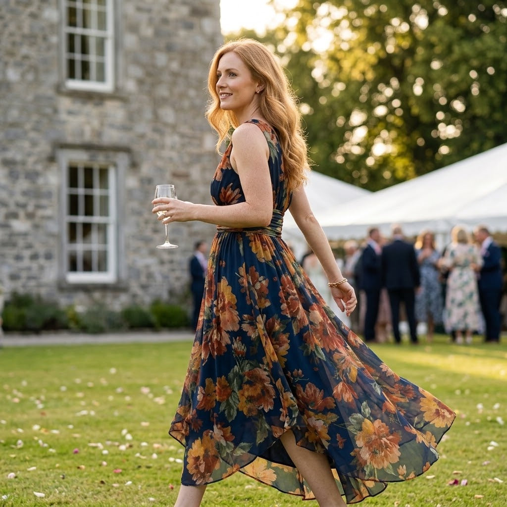 Women's Navy Floral One Shoulder Maxi Dress — Wedding Guest Occasion Dress