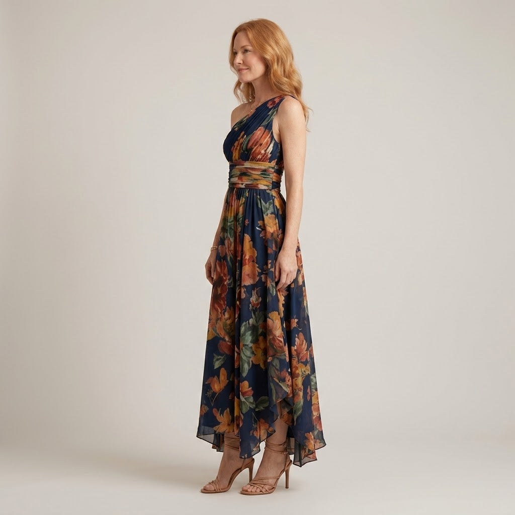 Women's Navy Floral One Shoulder Maxi Dress — Wedding Guest Occasion Dress