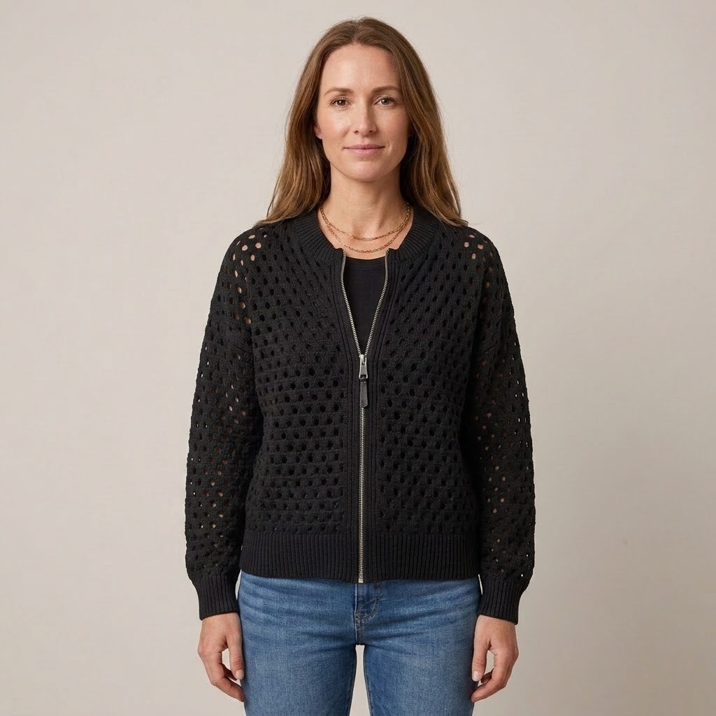 Women's Beige Zip Up Cardigan — Open Knit Crochet Look Long Sleeve Sweater Jacket