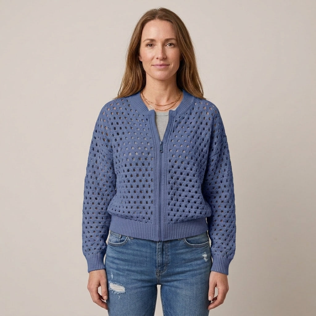 Women's Beige Zip Up Cardigan — Open Knit Crochet Look Long Sleeve Sweater Jacket