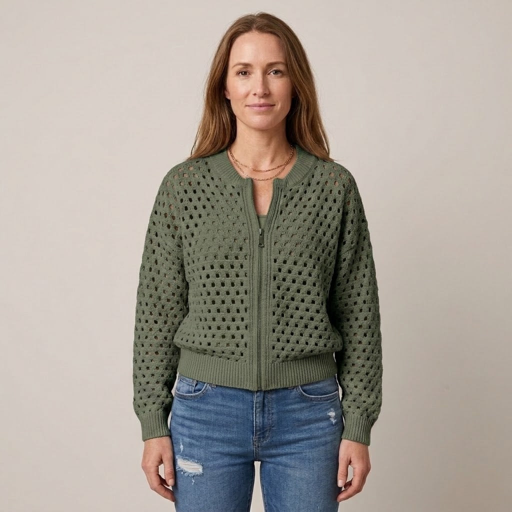 Women's Beige Zip Up Cardigan — Open Knit Crochet Look Long Sleeve Sweater Jacket