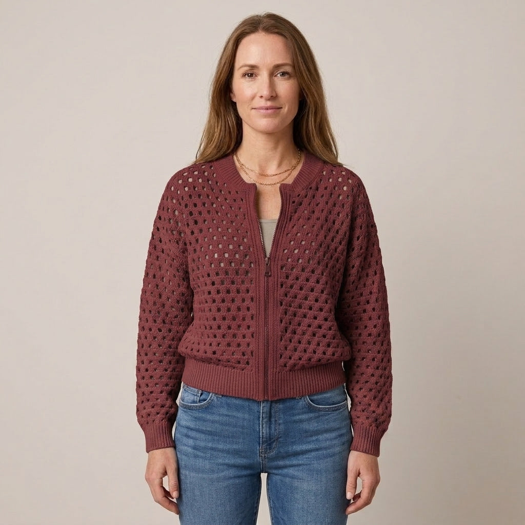Women's Beige Zip Up Cardigan — Open Knit Crochet Look Long Sleeve Sweater Jacket