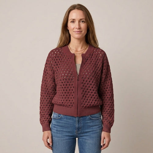 Women's Beige Zip Up Cardigan — Open Knit Crochet Look Long Sleeve Sweater Jacket