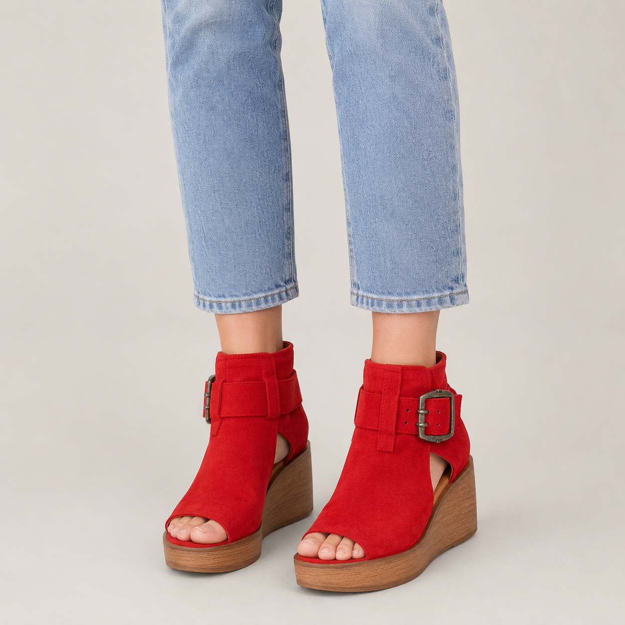 Clara Open Wedge Ankle Boot — Women's Peep Toe Buckle Wedge Sandal