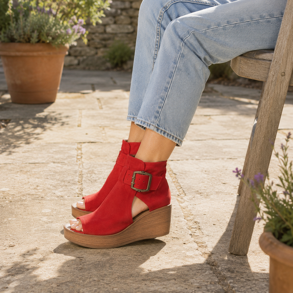 Clara Open Wedge Ankle Boot — Women's Peep Toe Buckle Wedge Sandal
