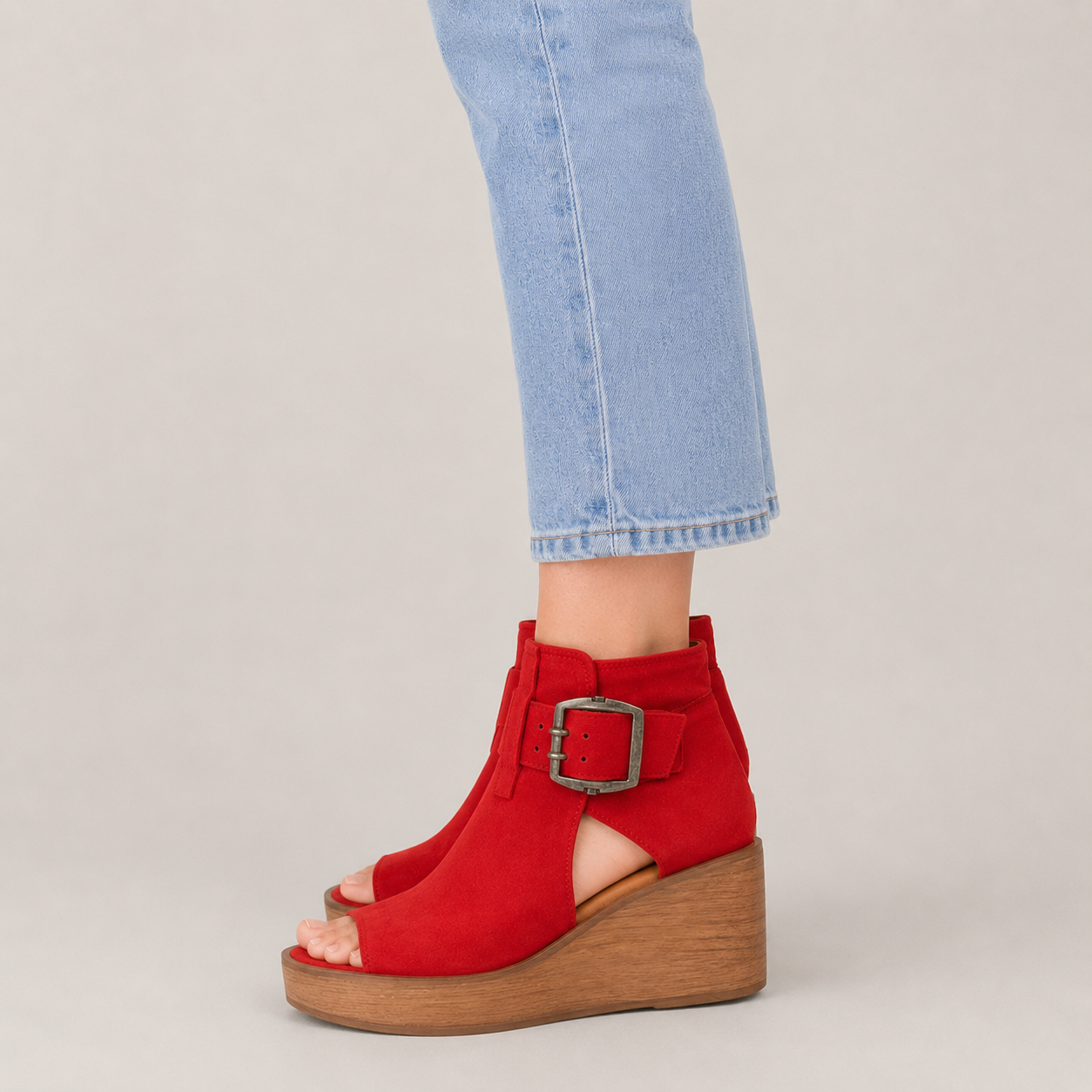 Clara Open Wedge Ankle Boot — Women's Peep Toe Buckle Wedge Sandal