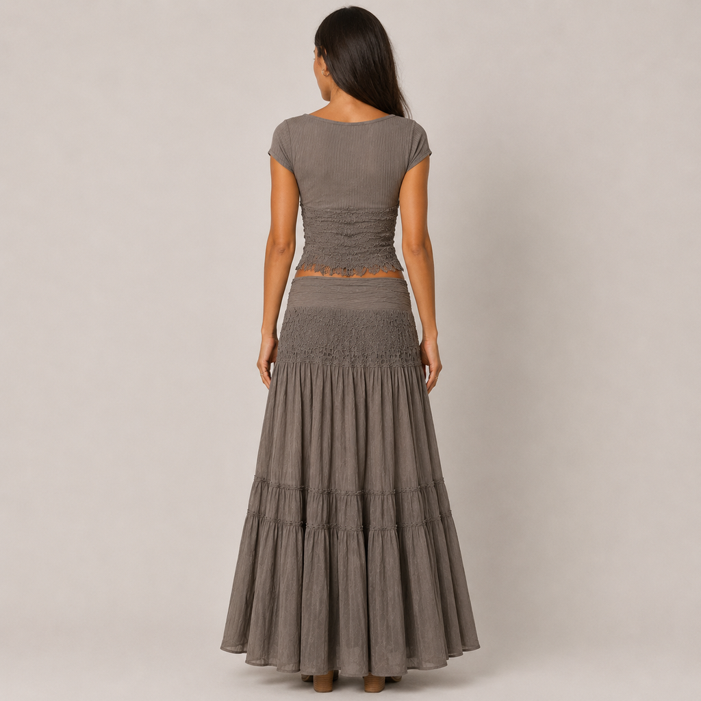 Clara Orchard Two-Piece Set — Women's Crop Top & Tiered Maxi Skirt Co-ord