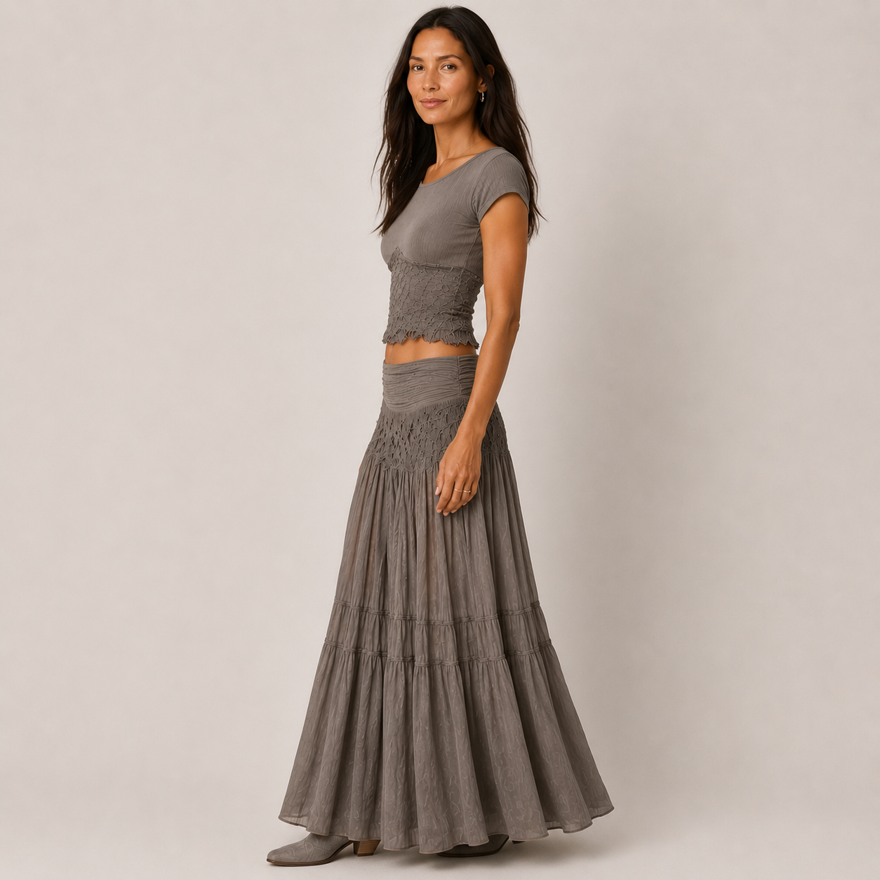 Clara Orchard Two-Piece Set — Women's Crop Top & Tiered Maxi Skirt Co-ord