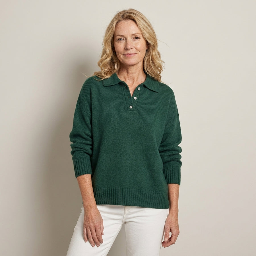 Ladies Oversized Collared Knit Jumper – Ribbed Polo Collar Sweater with Buttons