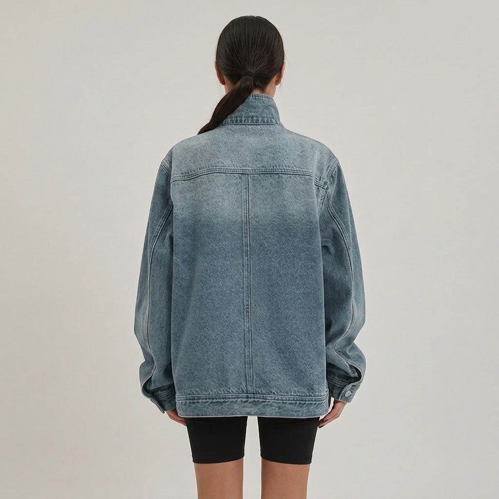 Women's Blue Oversized Denim Jacket — Asymmetric Button High Collar Jacket