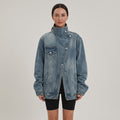 Women's Blue Oversized Denim Jacket — Asymmetric Button High Collar Jacket