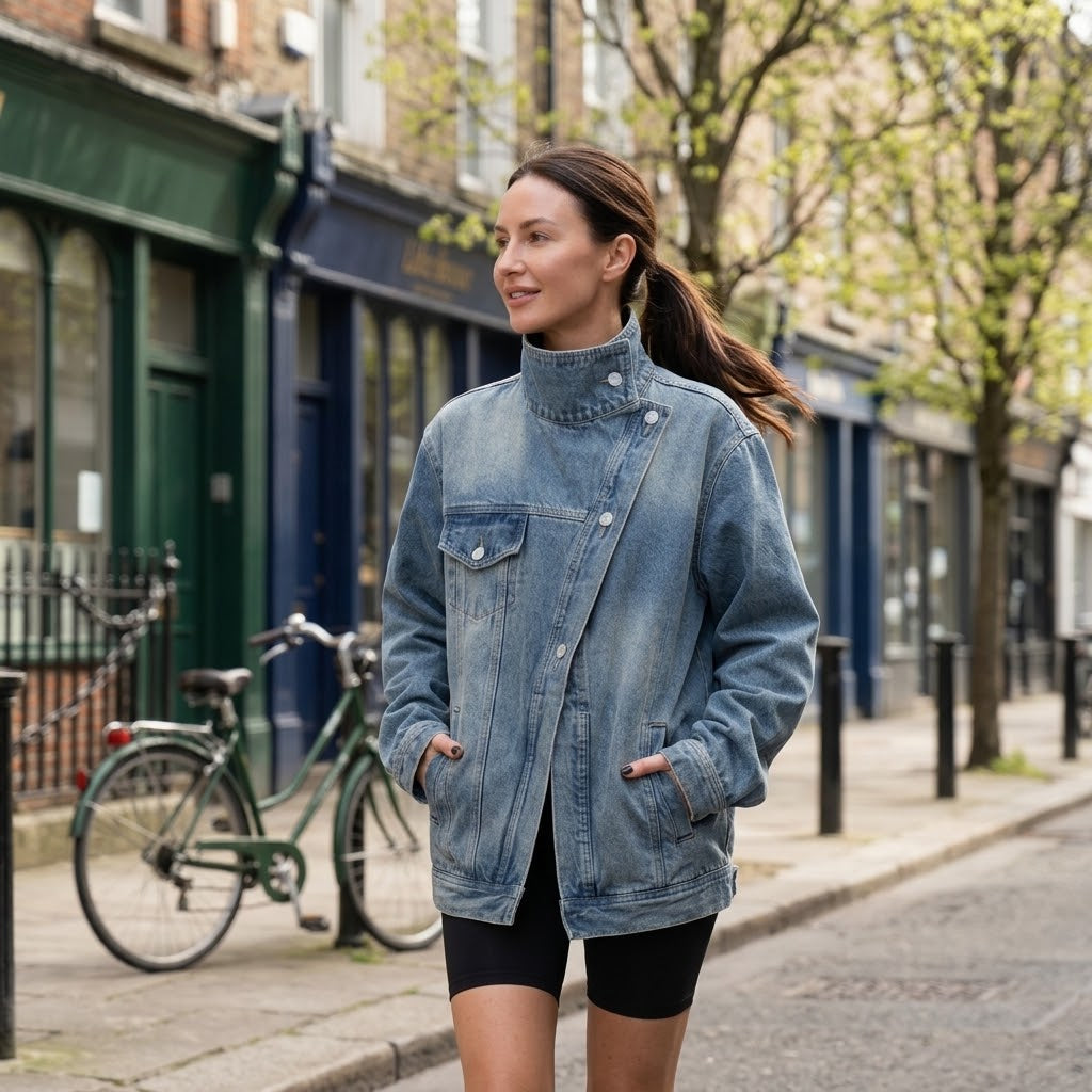 Women's Blue Oversized Denim Jacket — Asymmetric Button High Collar Jacket