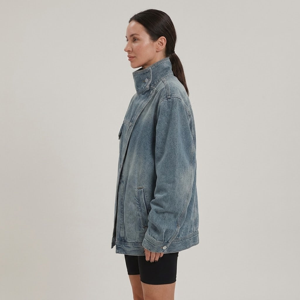 Women's Blue Oversized Denim Jacket — Asymmetric Button High Collar Jacket