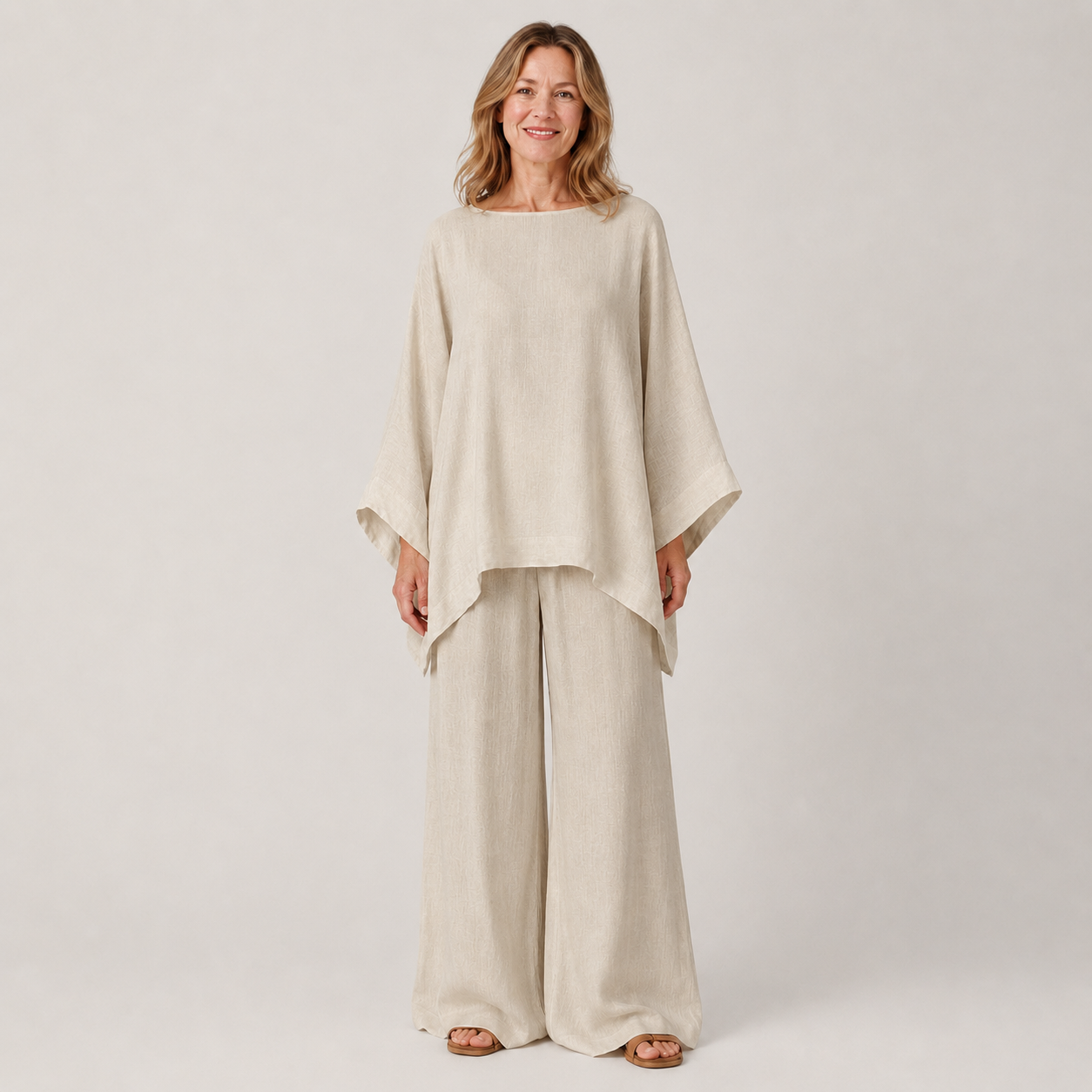 Clara Oversized Linen Set — Women's Batwing Top Wide Leg Trouser Set
