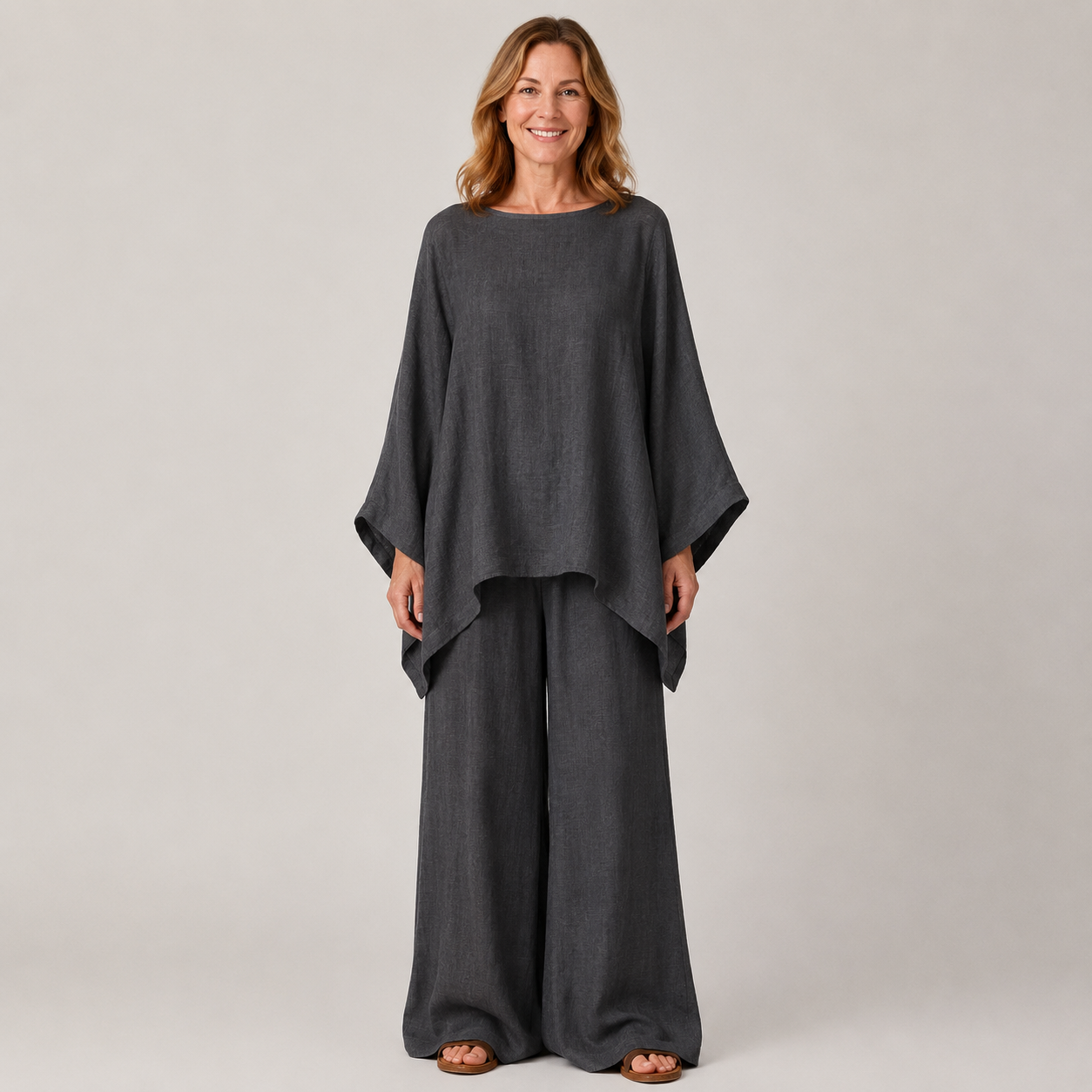 Clara Oversized Linen Set — Women's Batwing Top Wide Leg Trouser Set
