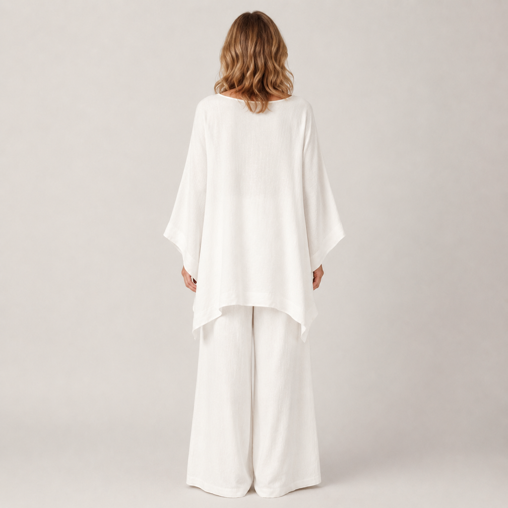 Clara Oversized Linen Set — Women's Batwing Top Wide Leg Trouser Set