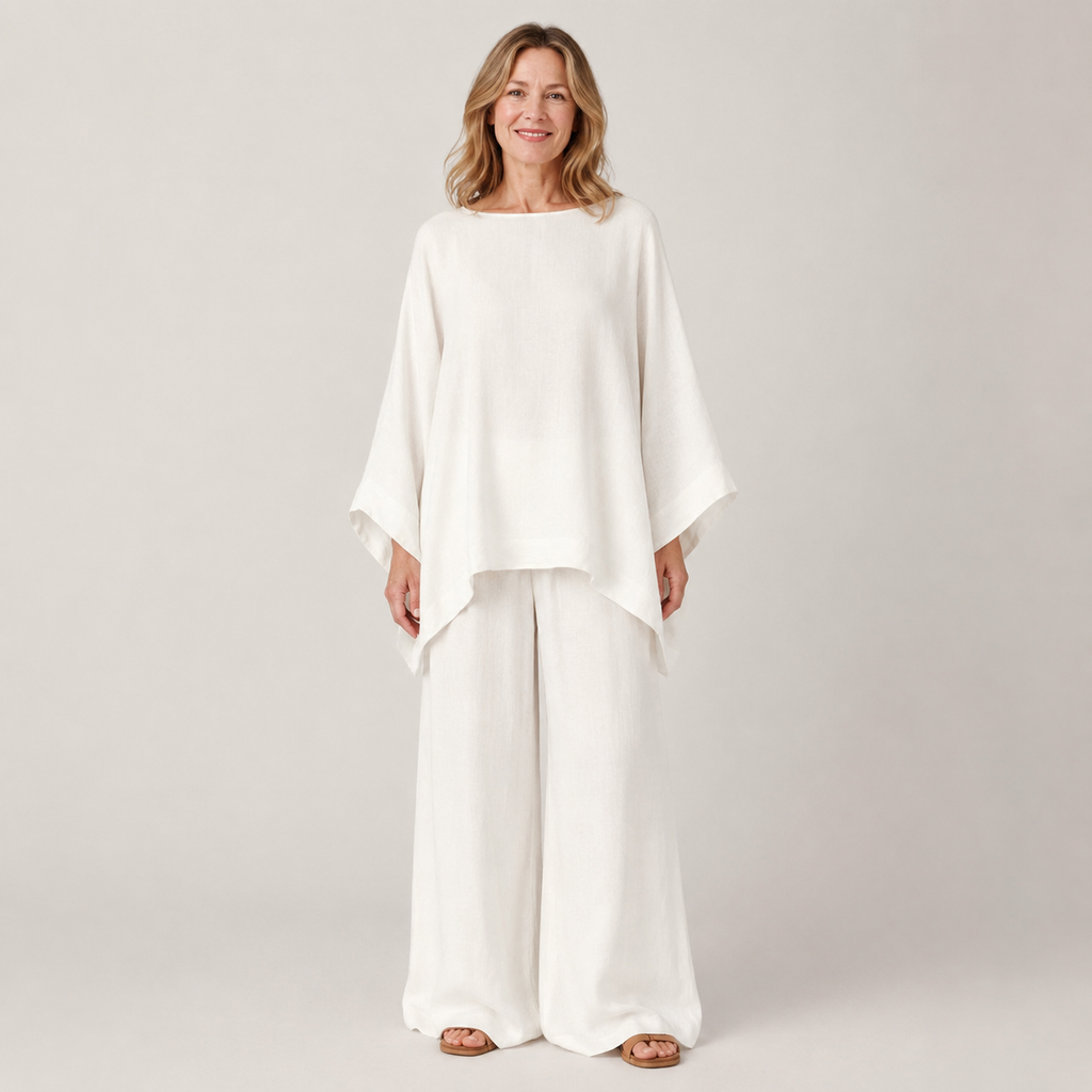 Clara Oversized Linen Set — Women's Batwing Top Wide Leg Trouser Set