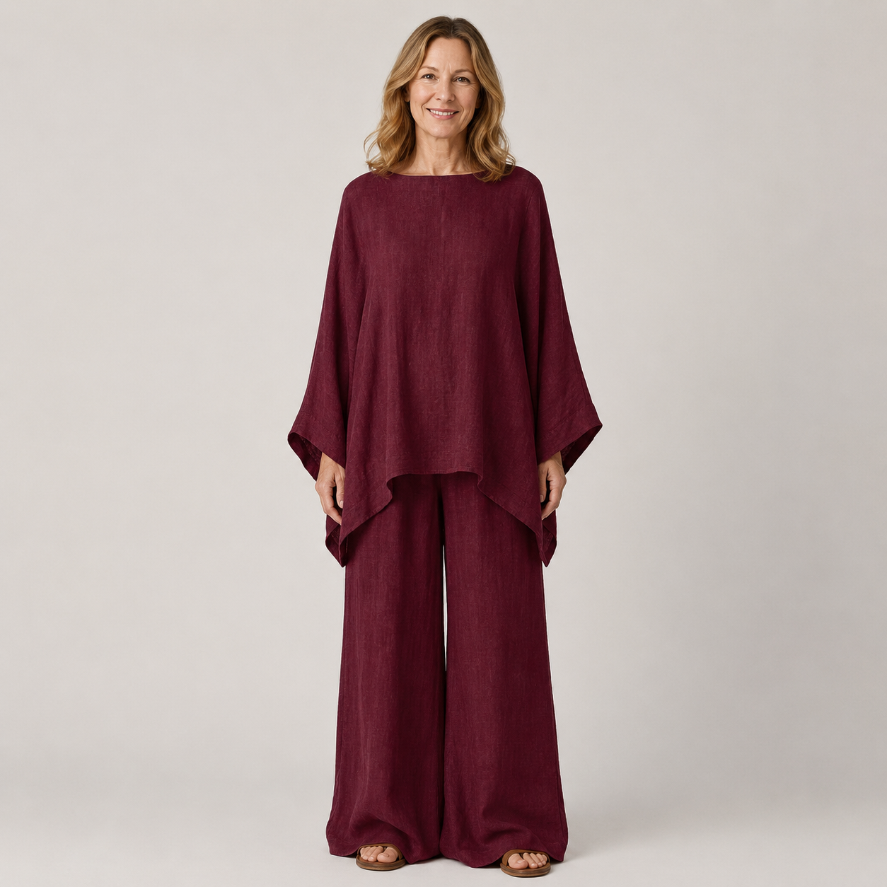 Clara Oversized Linen Set — Women's Batwing Top Wide Leg Trouser Set