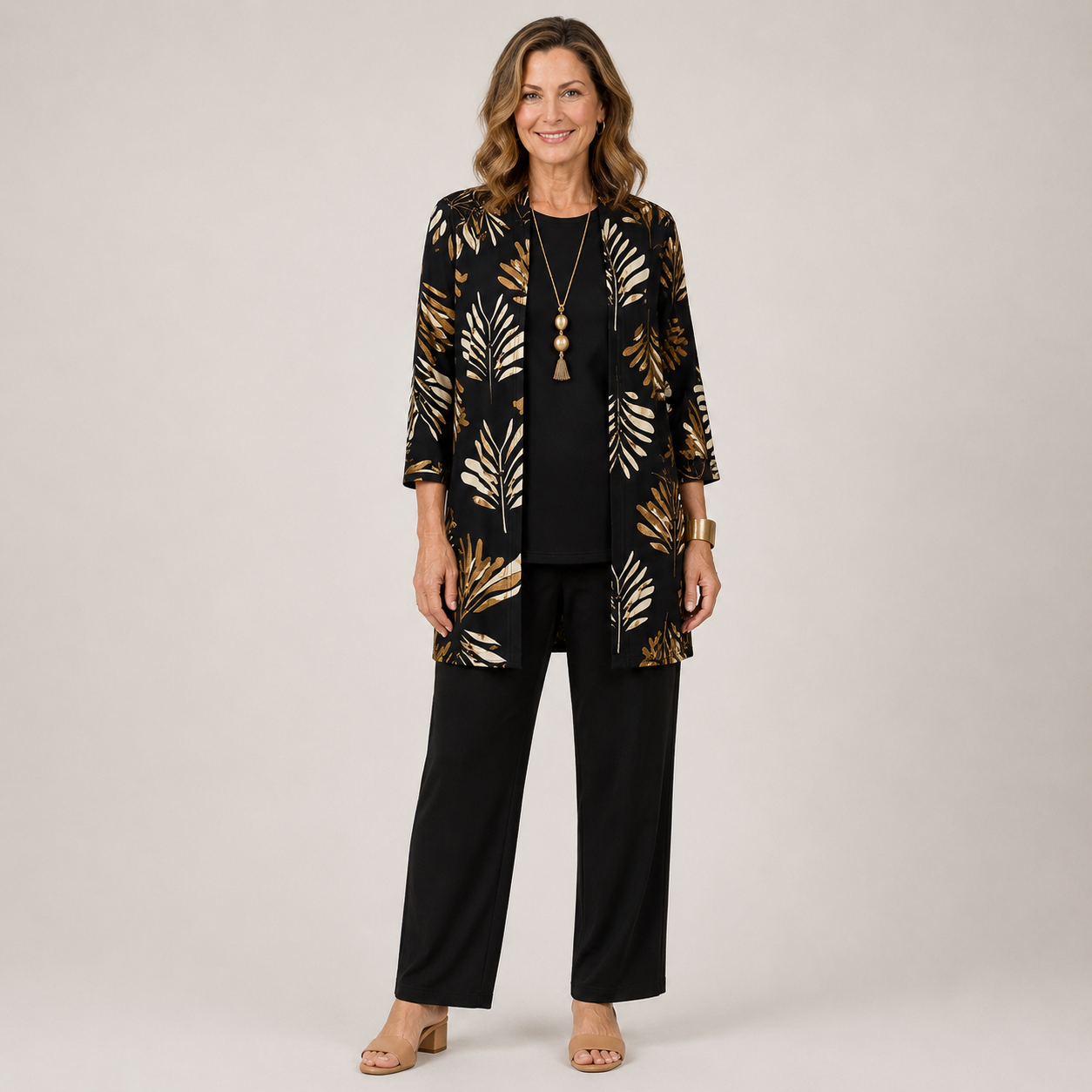 Clara Palm Print 3-Piece Set — Women's Duster Jacket Top Trousers Set