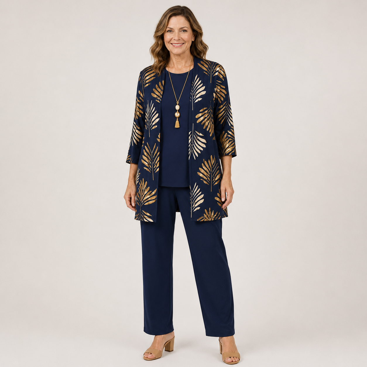 Clara Palm Print 3-Piece Set — Women's Duster Jacket Top Trousers Set