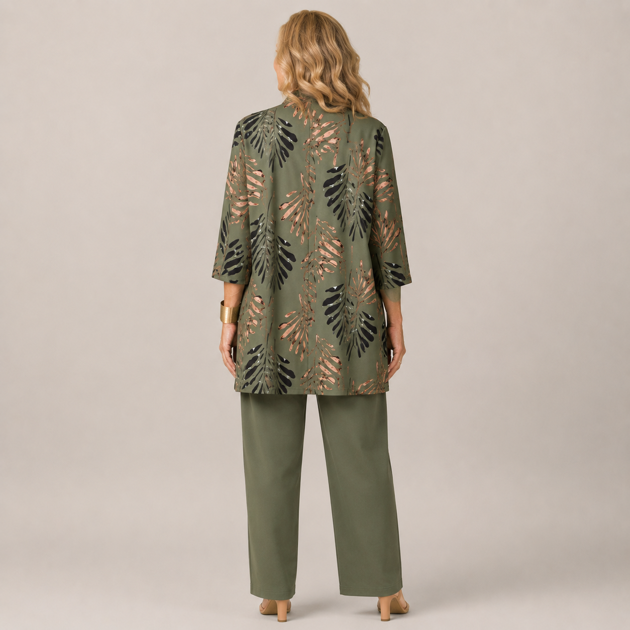 Clara Palm Print 3-Piece Set — Women's Duster Jacket Top Trousers Set