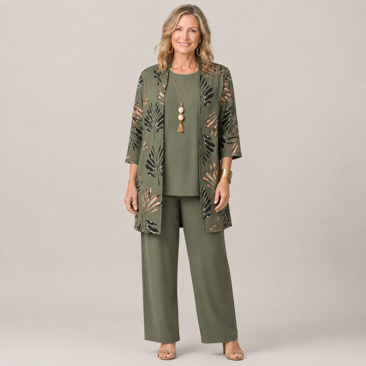 Clara Palm Print 3-Piece Set — Women's Duster Jacket Top Trousers Set