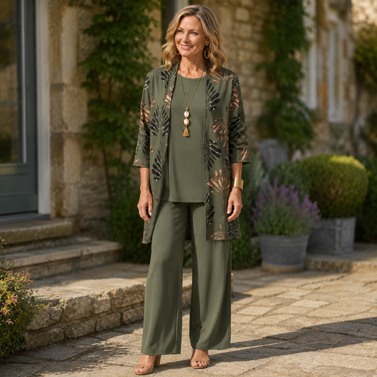 Clara Palm Print 3-Piece Set — Women's Duster Jacket Top Trousers Set