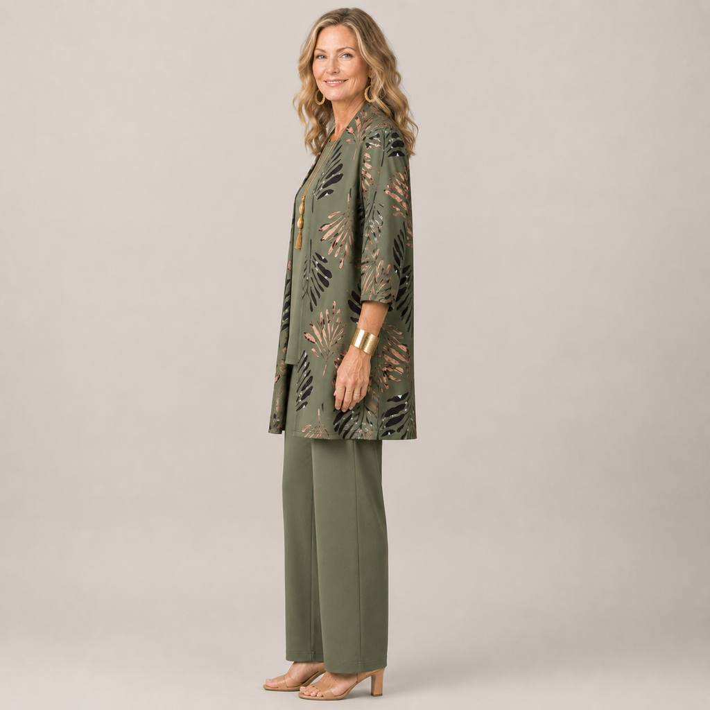 Clara Palm Print 3-Piece Set — Women's Duster Jacket Top Trousers Set