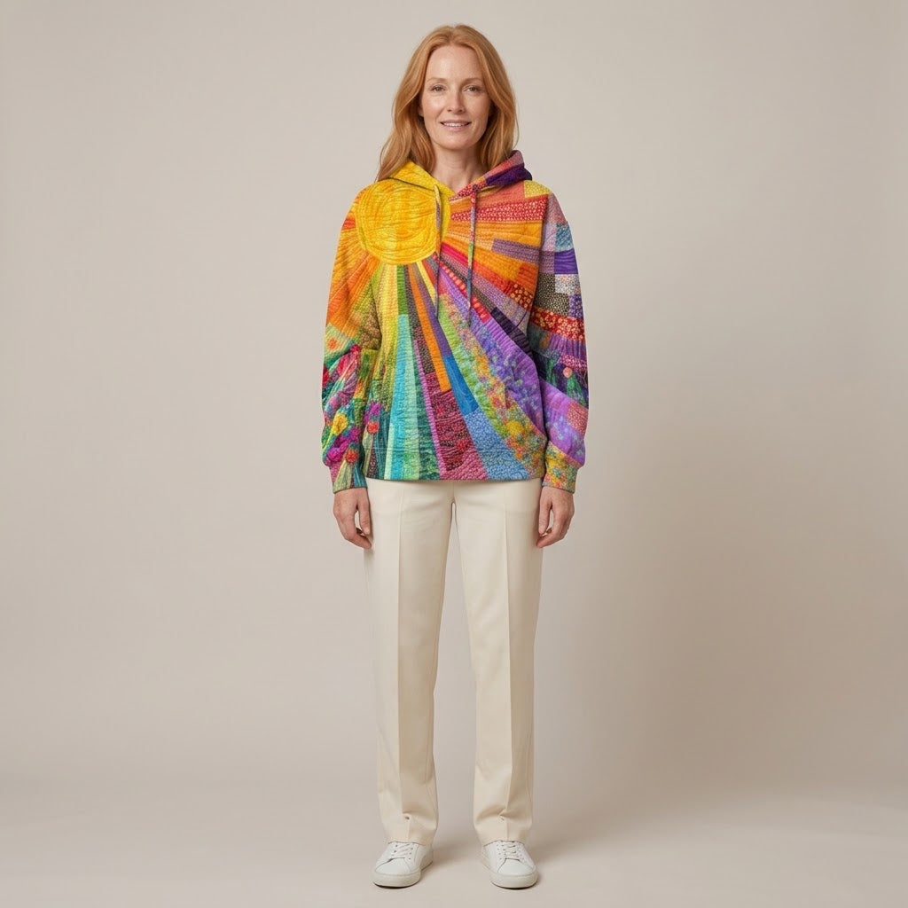 Women's Patchwork Print Hoodie — Colourful Quilt Art Drawstring Sweatshirt