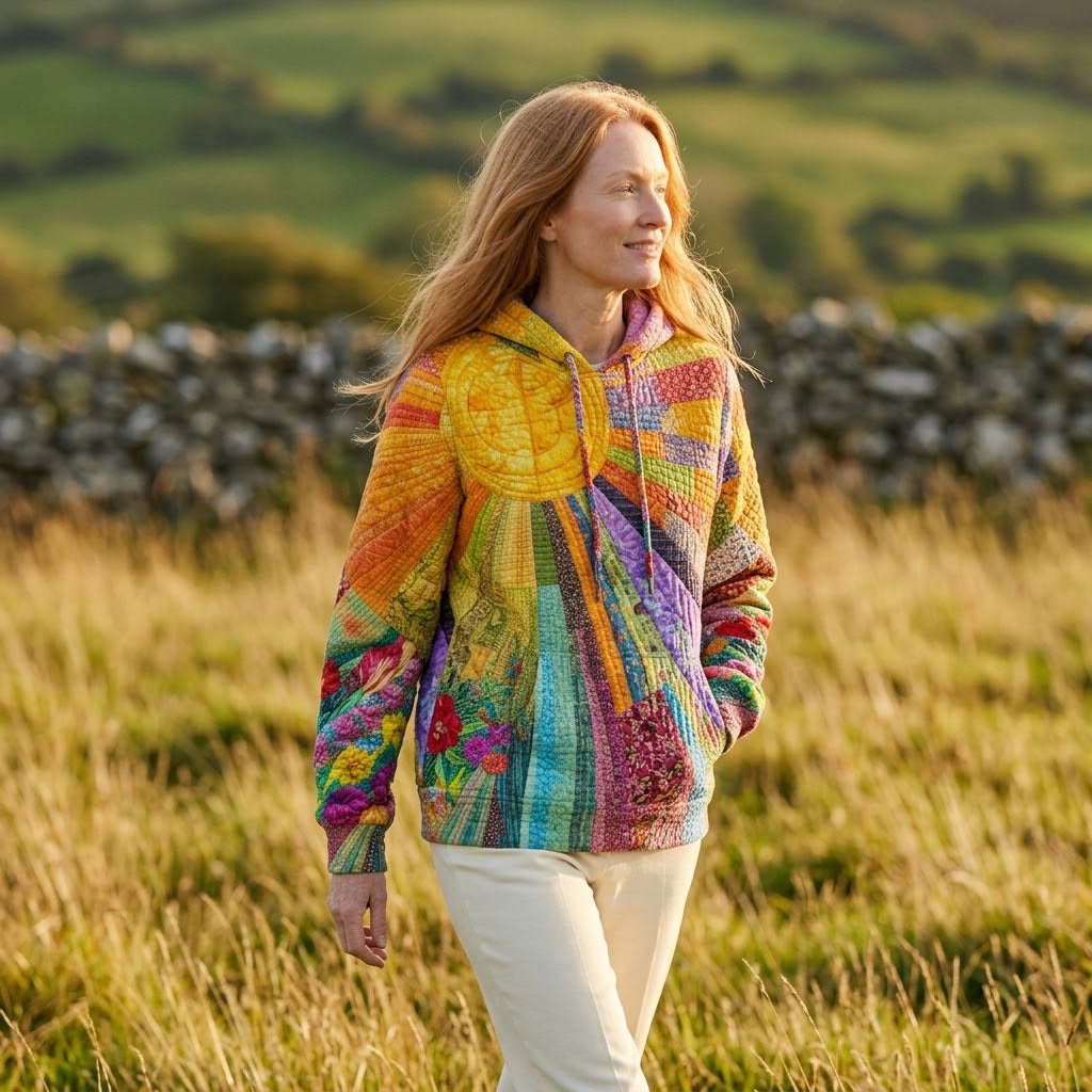 Women's Patchwork Print Hoodie — Colourful Quilt Art Drawstring Sweatshirt