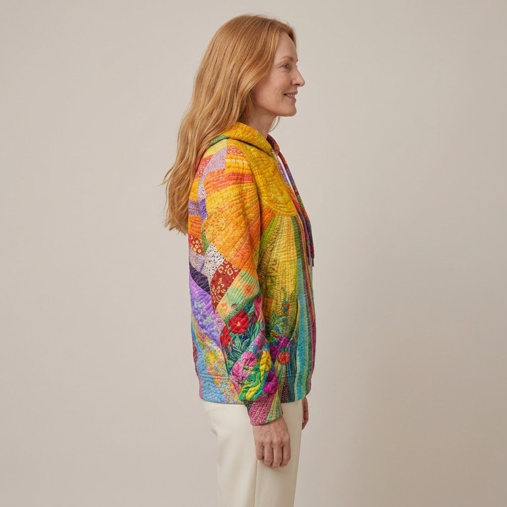 Women's Patchwork Print Hoodie — Colourful Quilt Art Drawstring Sweatshirt