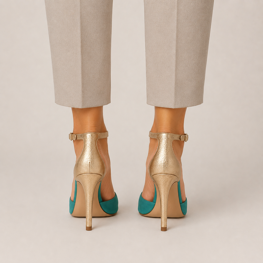 Clara Peep-Toe Stiletto Sandal — Women's Two-Tone Gold Ankle Strap Heel