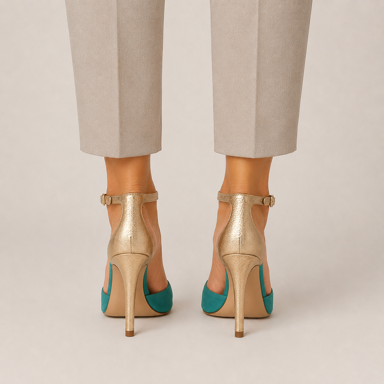 Clara Peep-Toe Stiletto Sandal — Women's Two-Tone Gold Ankle Strap Heel