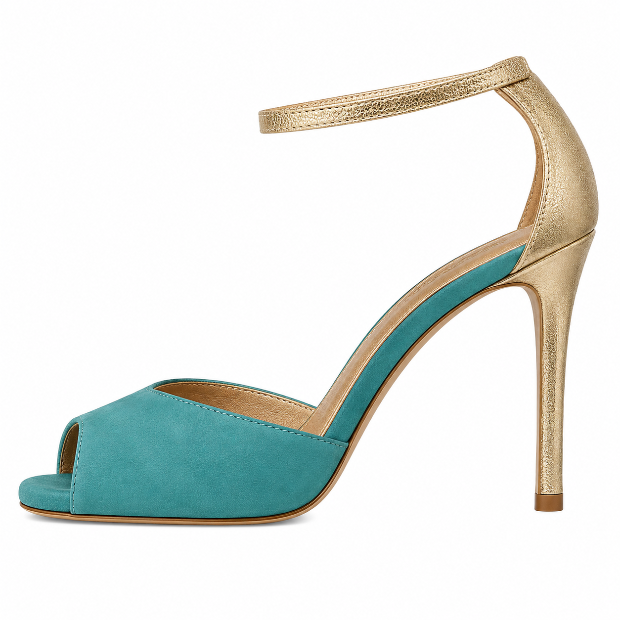 Clara Peep-Toe Stiletto Sandal — Women's Two-Tone Gold Ankle Strap Heel