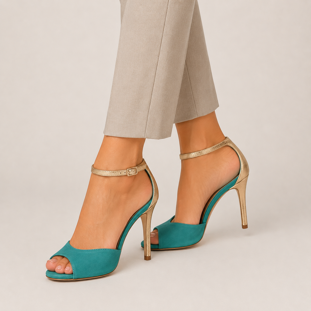 Clara Peep-Toe Stiletto Sandal — Women's Two-Tone Gold Ankle Strap Heel
