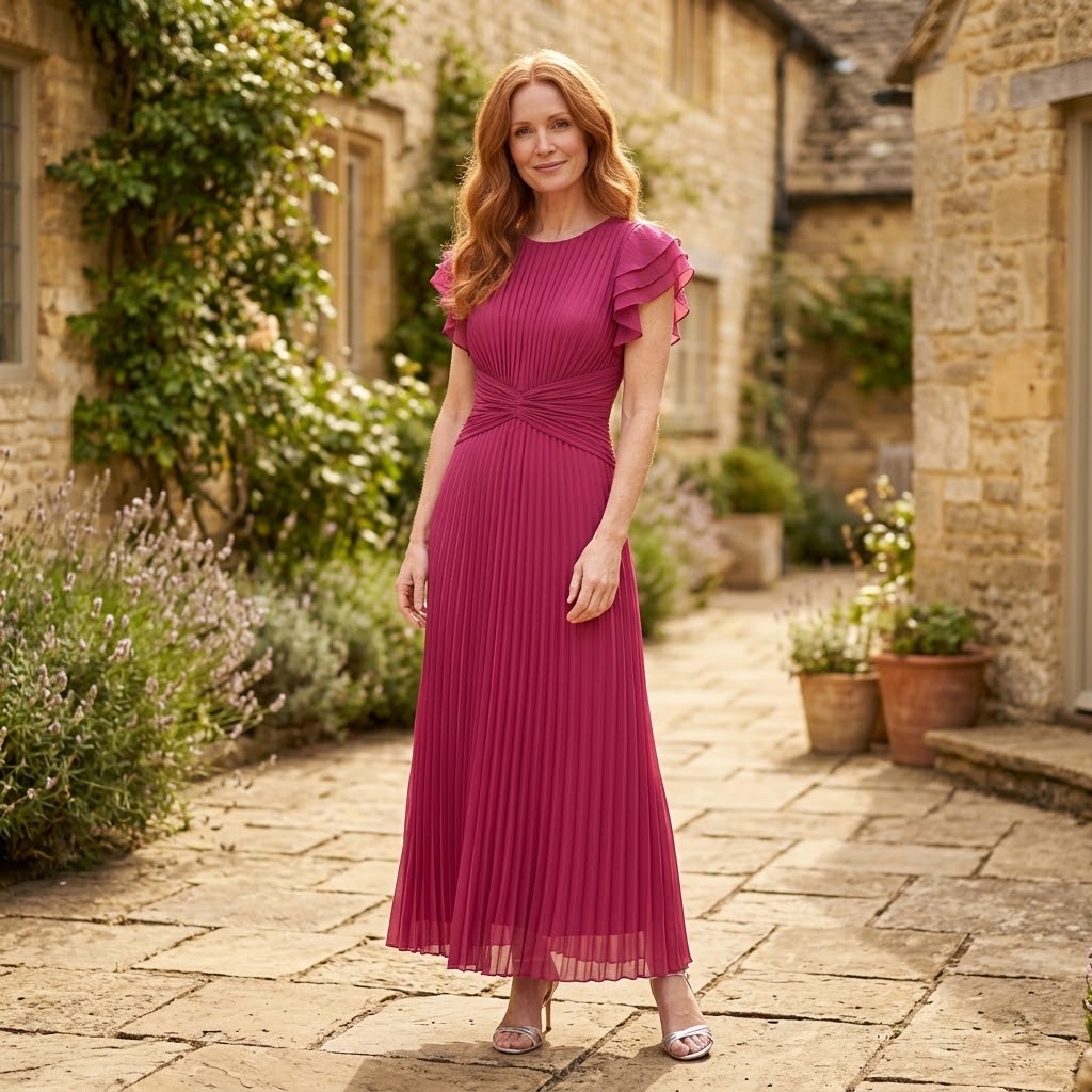 Women's Pink Pleated Maxi Dress — Flutter Sleeve Wedding Guest & Occasion Dress