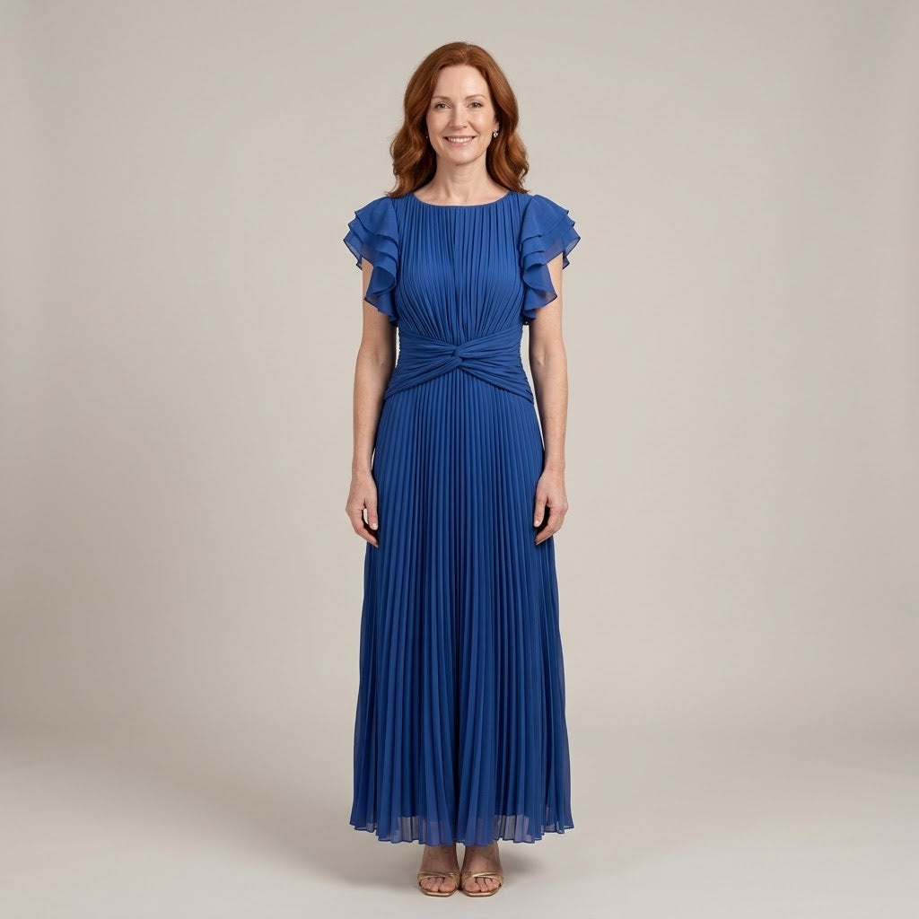 Women's Pink Pleated Maxi Dress — Flutter Sleeve Wedding Guest & Occasion Dress