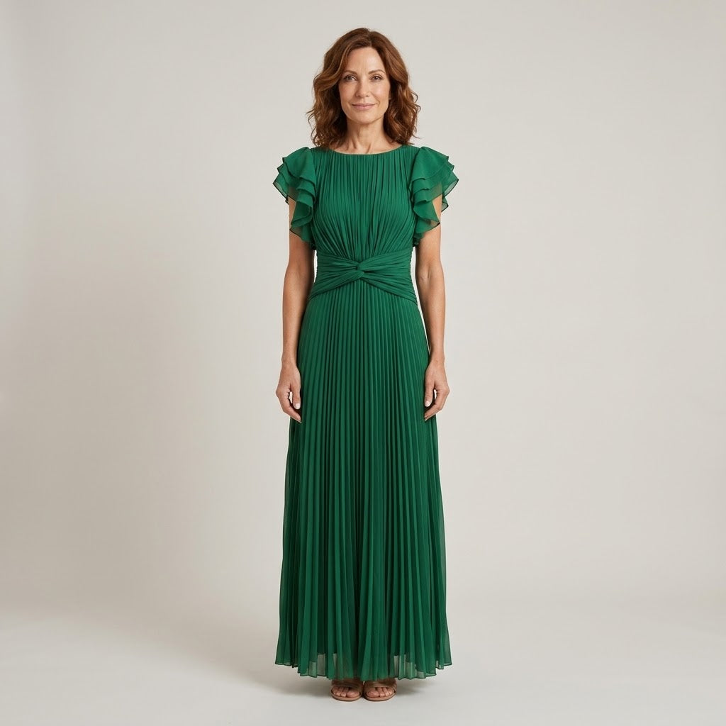 Women's Pink Pleated Maxi Dress — Flutter Sleeve Wedding Guest & Occasion Dress