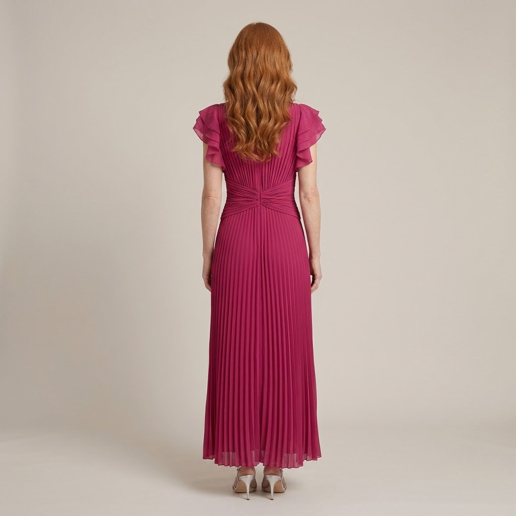 Women's Pink Pleated Maxi Dress — Flutter Sleeve Wedding Guest & Occasion Dress
