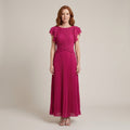 Women's Pink Pleated Maxi Dress — Flutter Sleeve Wedding Guest & Occasion Dress