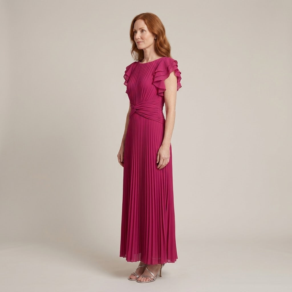 Women's Pink Pleated Maxi Dress — Flutter Sleeve Wedding Guest & Occasion Dress
