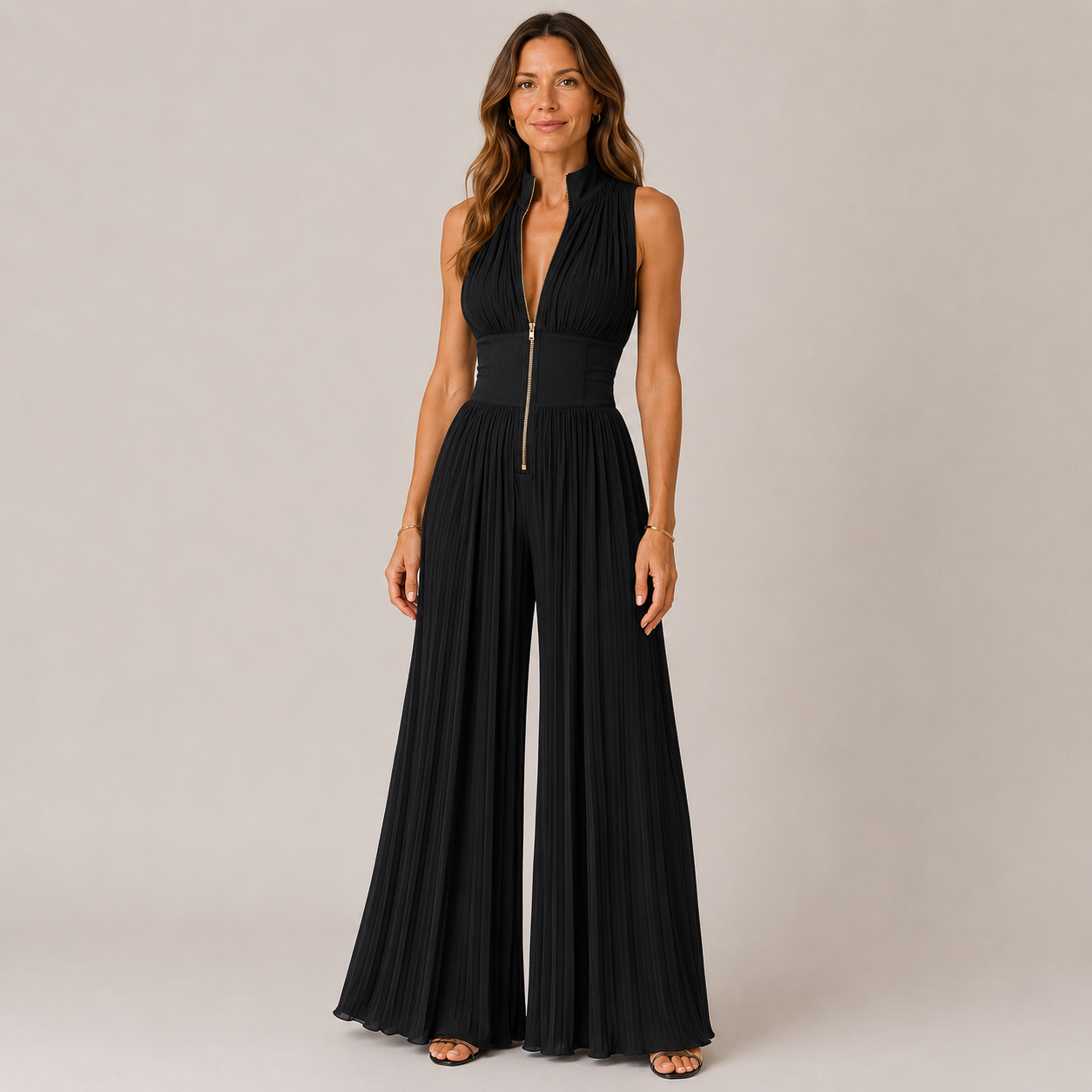 Clara Plissé Zip Jumpsuit — Women's Sleeveless Wide Leg Evening Jumpsuit