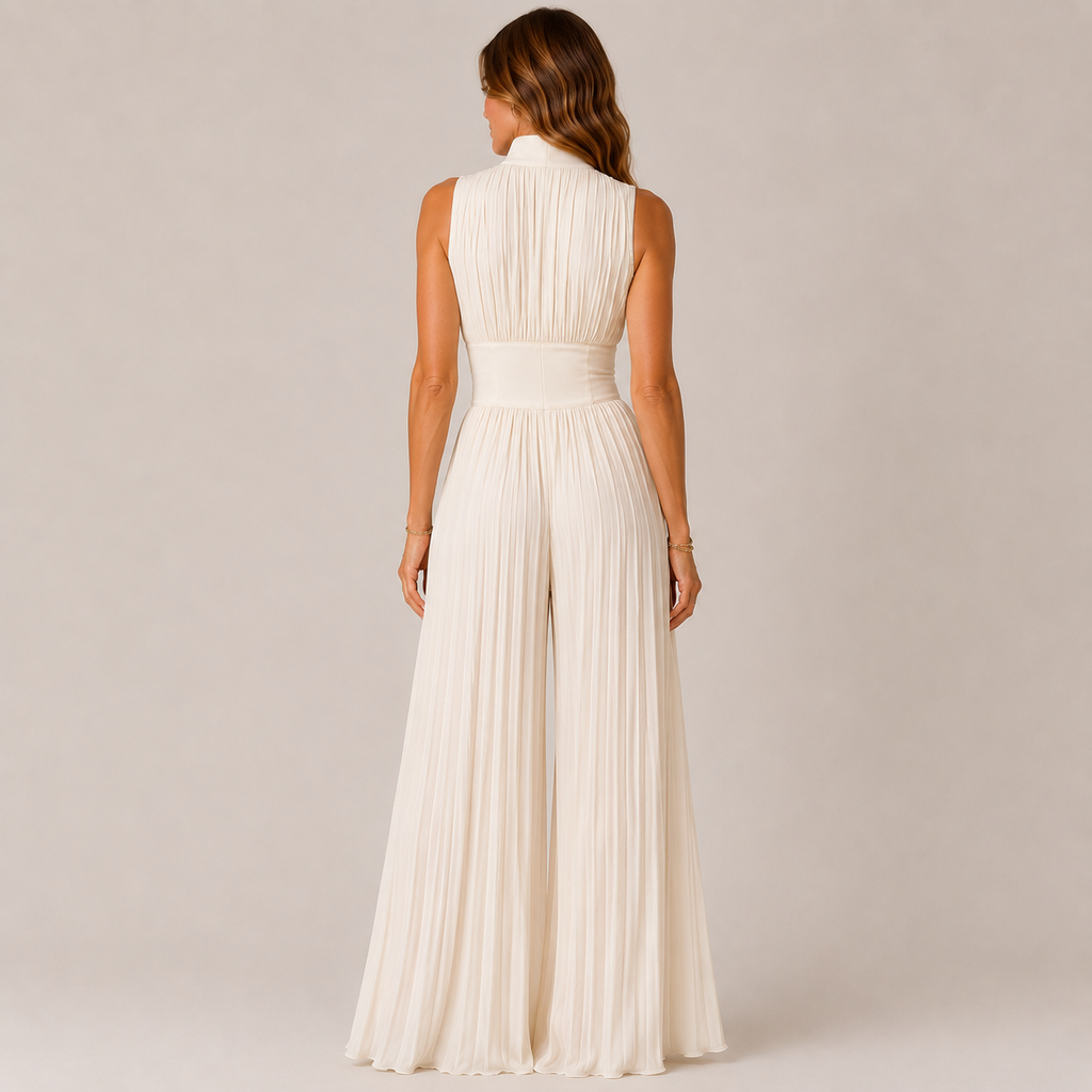 Clara Plissé Zip Jumpsuit — Women's Sleeveless Wide Leg Evening Jumpsuit