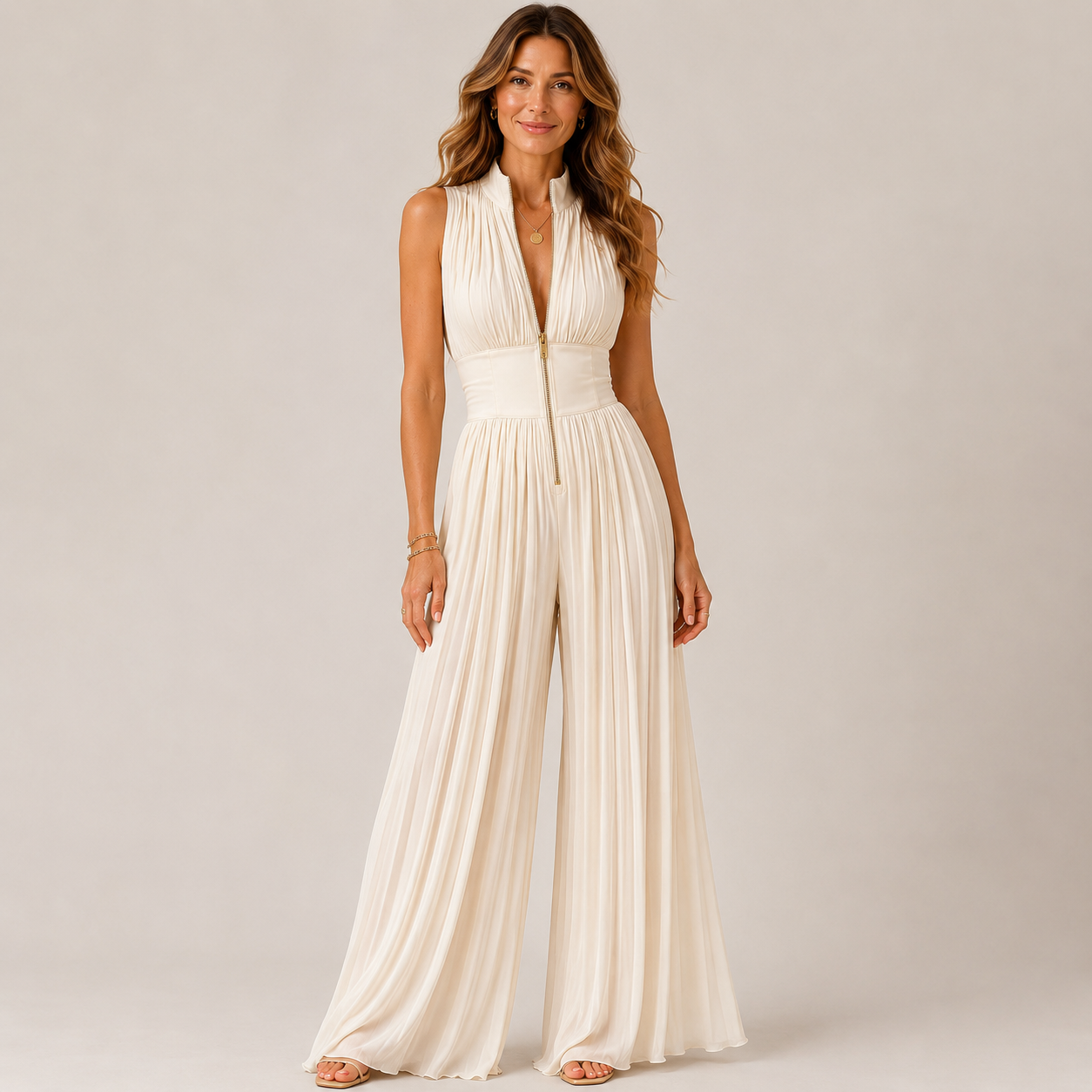 Clara Plissé Zip Jumpsuit — Women's Sleeveless Wide Leg Evening Jumpsuit
