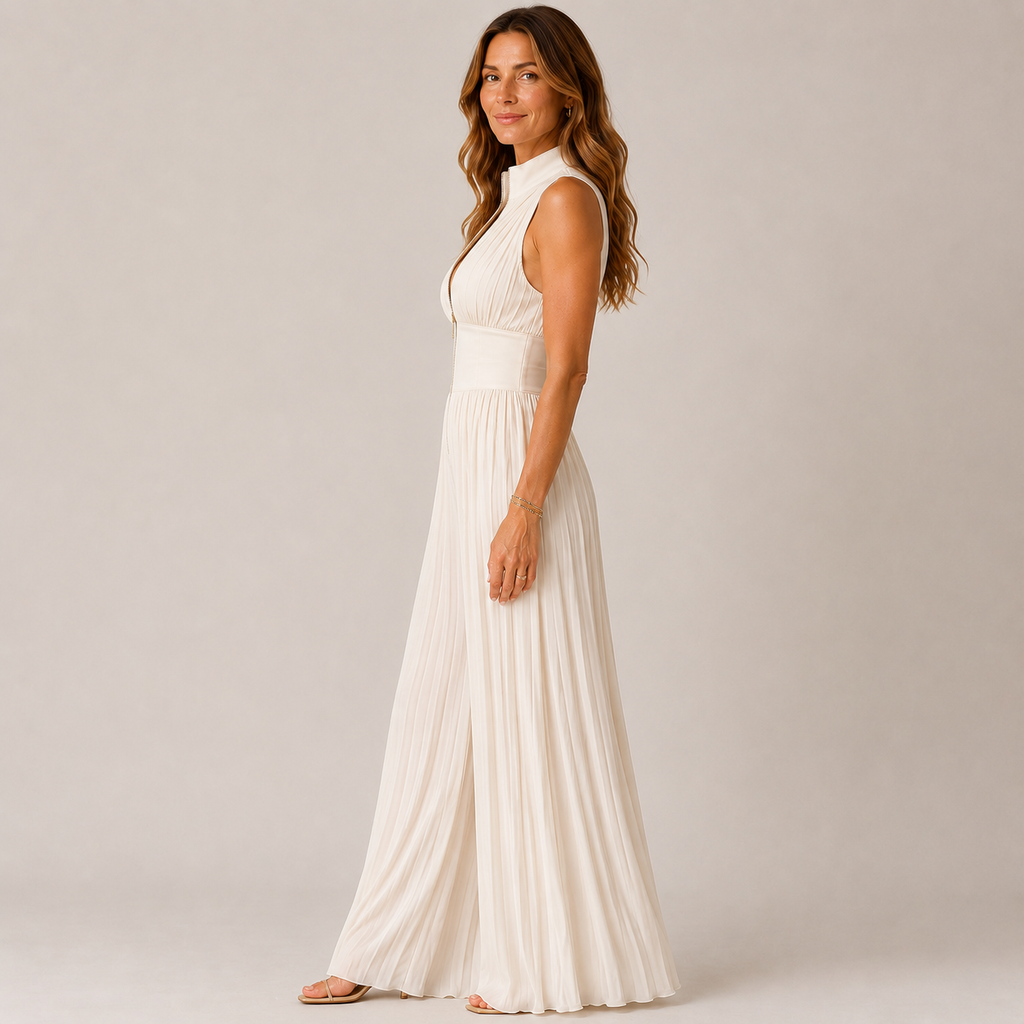Clara Plissé Zip Jumpsuit — Women's Sleeveless Wide Leg Evening Jumpsuit