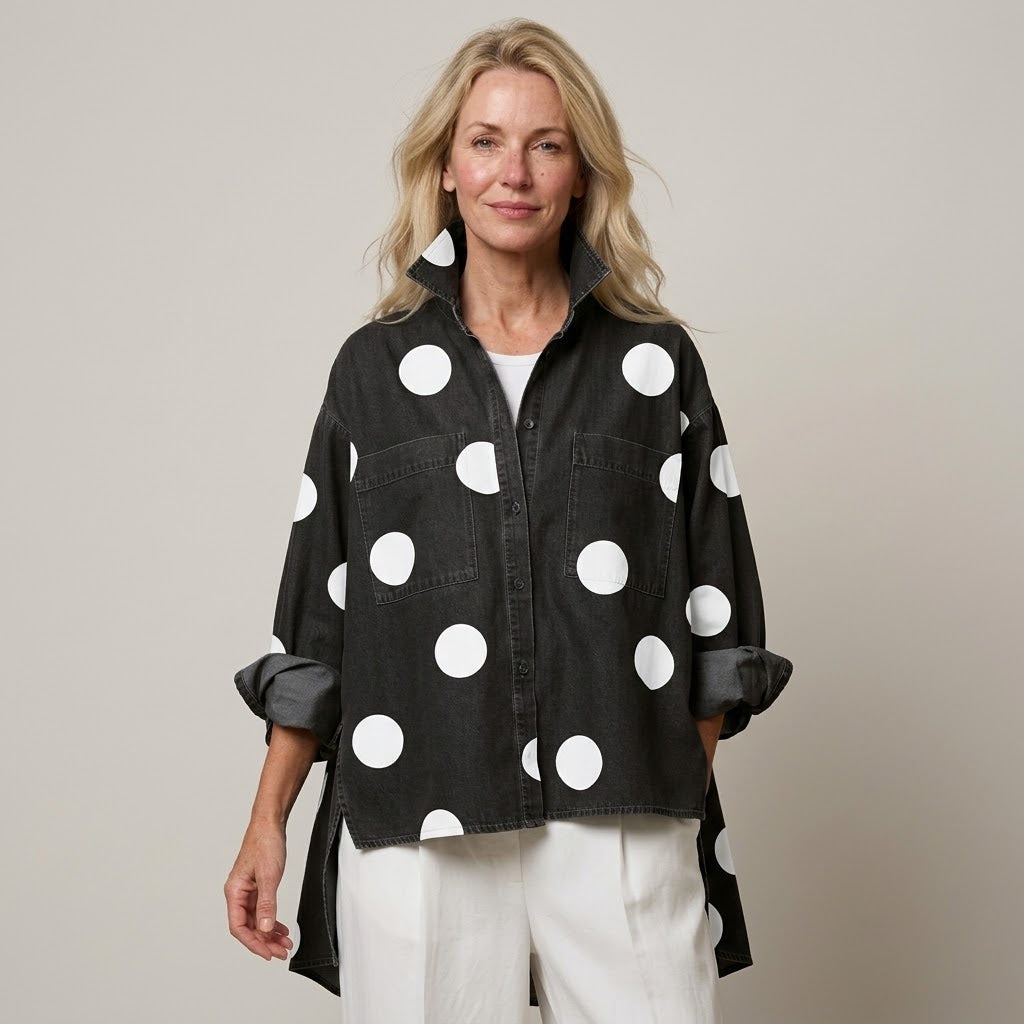 Women's Polka Dot Overshirt — Oversized Denim Shacket with Pockets