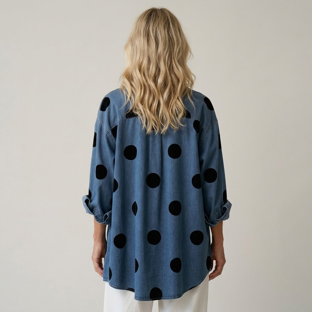 Women's Polka Dot Overshirt — Oversized Denim Shacket with Pockets