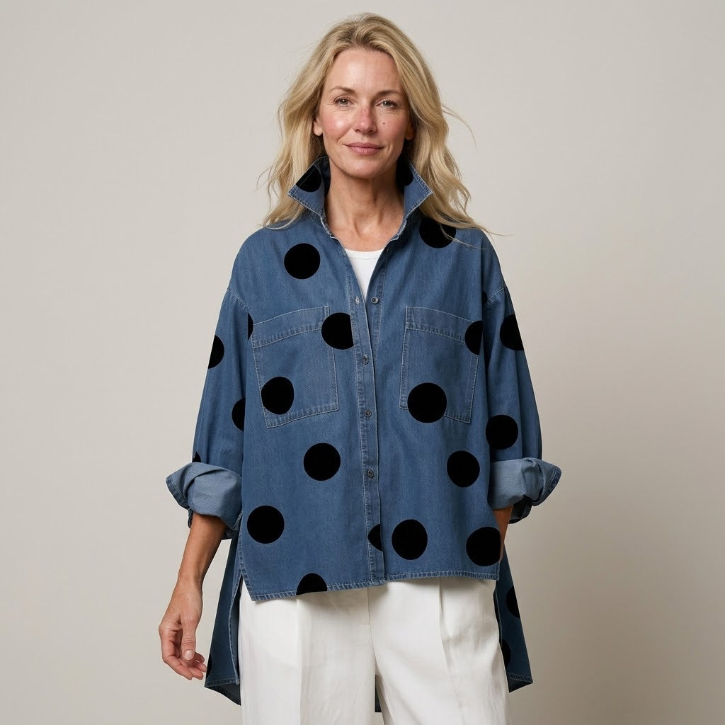 Women's Polka Dot Overshirt — Oversized Denim Shacket with Pockets