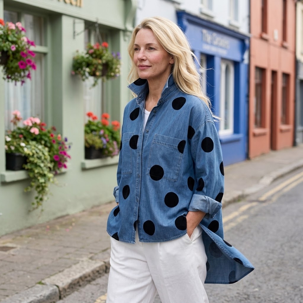 Women's Polka Dot Overshirt — Oversized Denim Shacket with Pockets